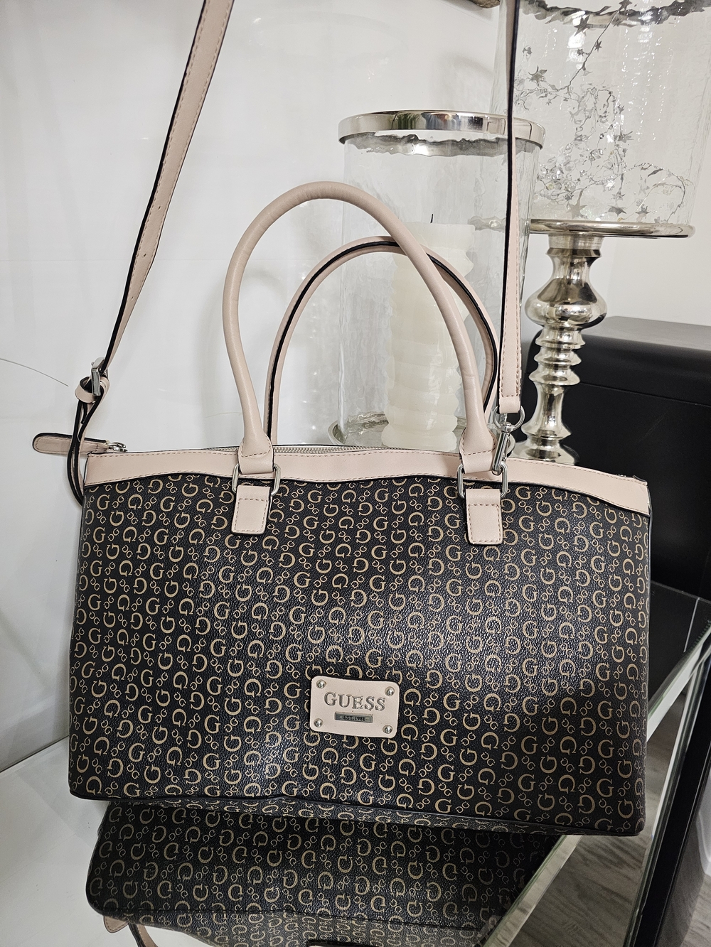 GUESS Black Monogram Tote with Light Beige Trim